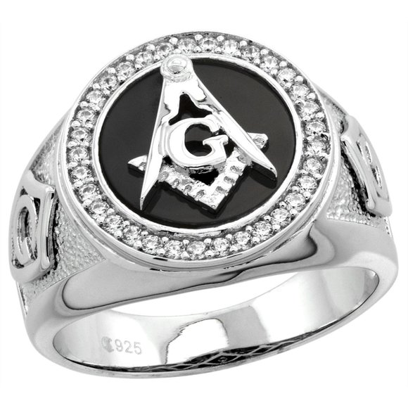Round Sterling Silver Black Onyx Masonic Ring for Men Square CZ Stones